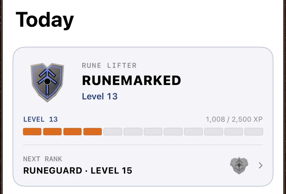 The GritRune Rank card showing the forged Runemarked crest, Level 13 XP progress, and Runeguard as the next Rank.