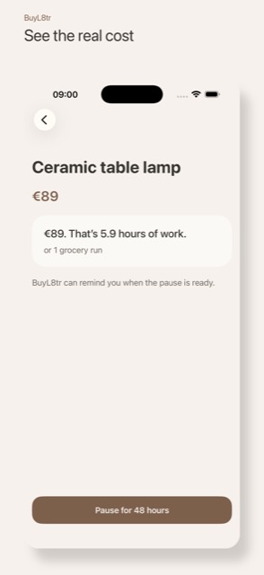BuyL8tr cost screen translating an 89 euro price into 5.9 hours of work and one grocery run.