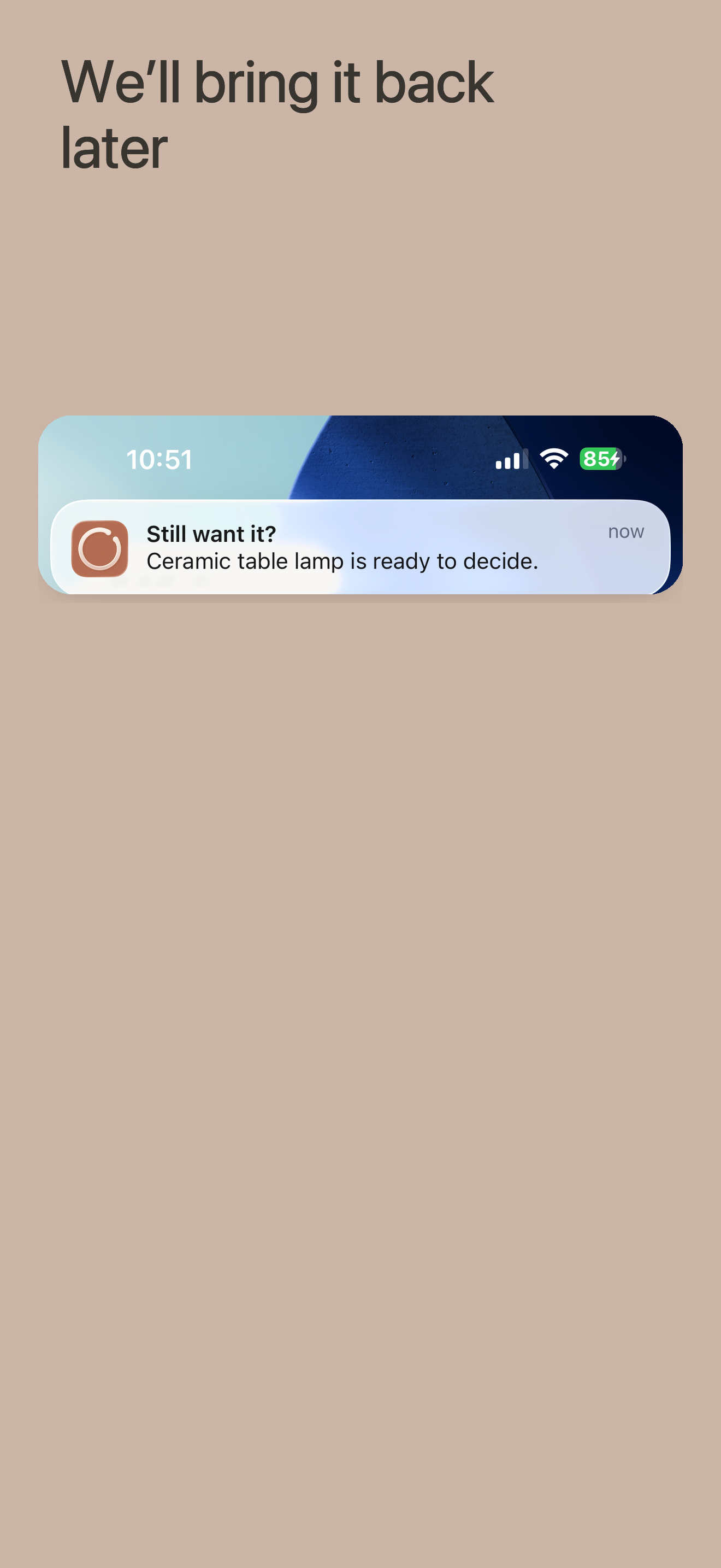 An iPhone notification showing that a BuyL8tr purchase is ready to decide.