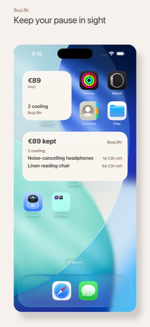 An iPhone Home Screen showing the small and medium BuyL8tr widgets.