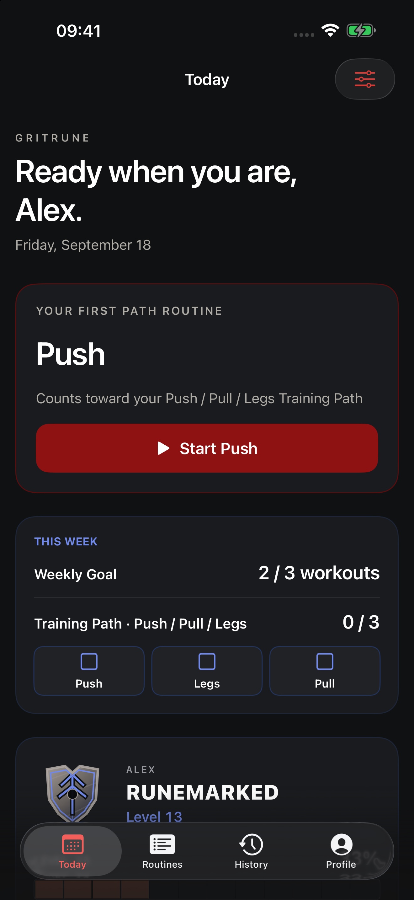 GritRune 1.4 Today screen with the next Push workout and separate weekly goal and Training Path progress.