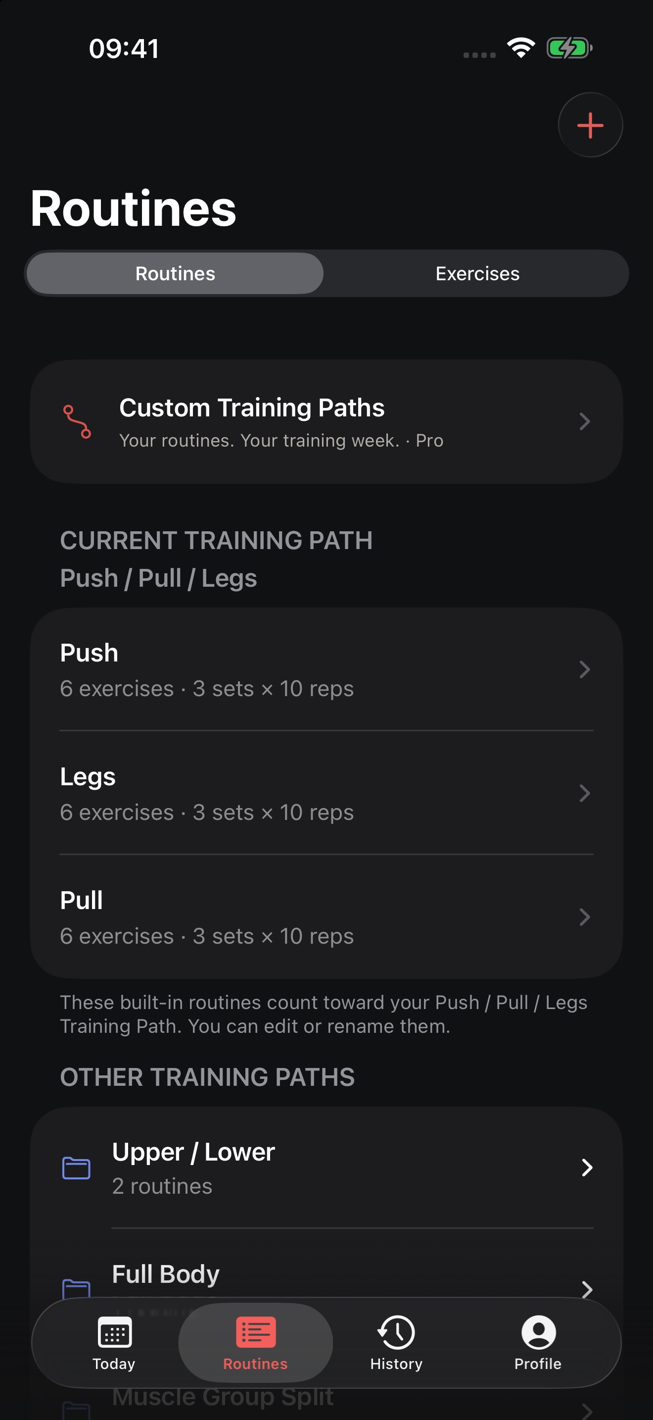 GritRune routines grouped under the current Push Pull Legs path and expandable alternative training paths.