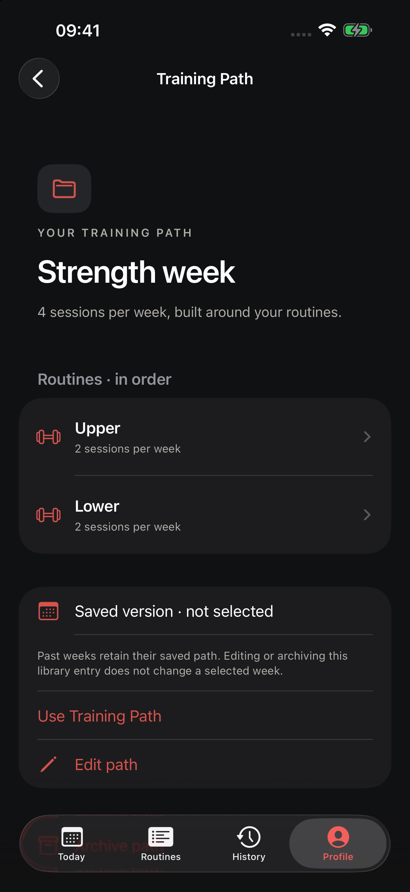 A custom Strength week Training Path with Upper and Lower routines scheduled twice each per week.