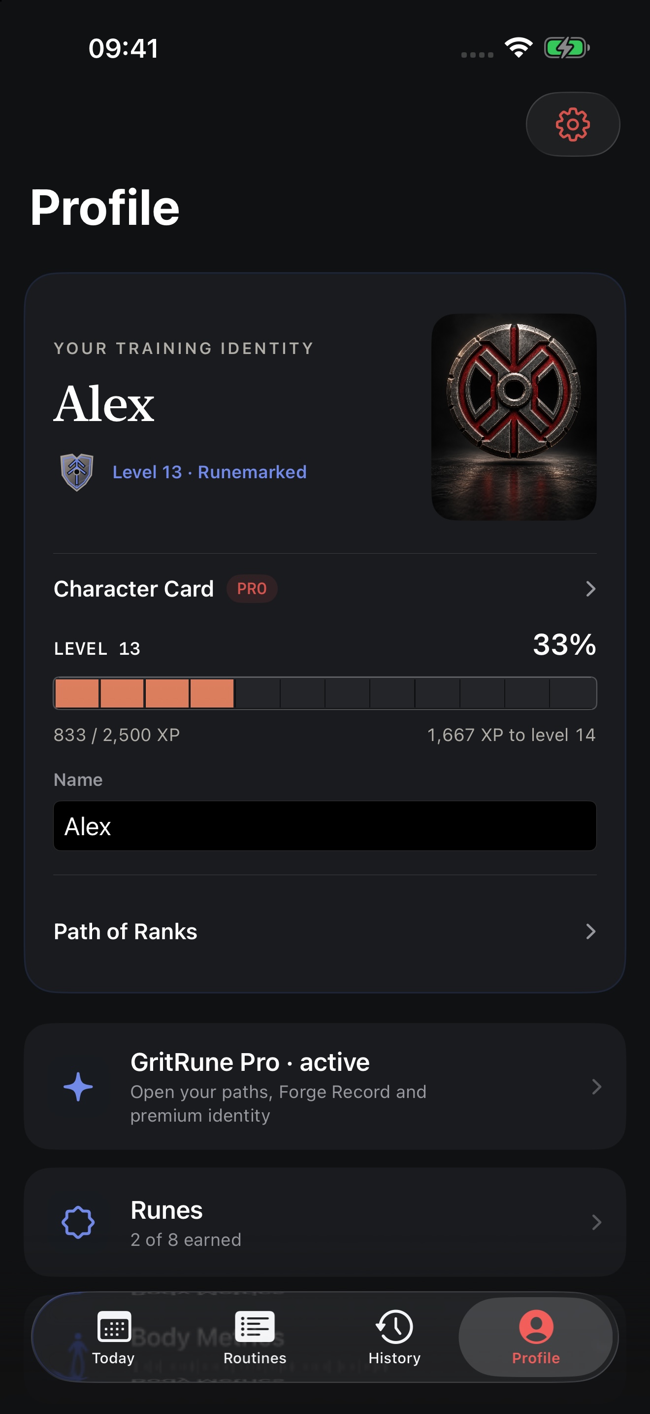 The GritRune 1.4 Profile screen with the Runemarked identity and a segmented XP bar showing 33 percent of Level 13.