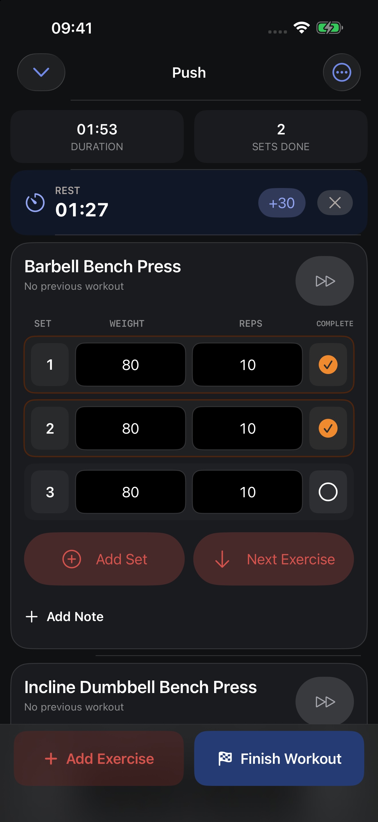 GritRune 1.4 Push workout with two completed bench press sets, a running rest timer, and the next set ready to log.